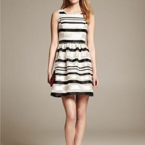 BR Monogram Striped Organza Fit and Flare Dress in Black and Ivory Stripes